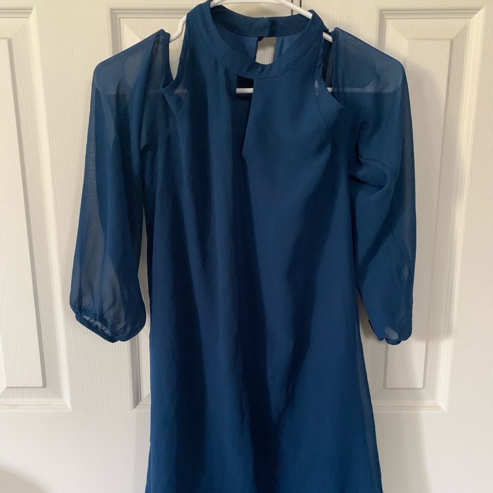 I.N. San Francisco blue dress; size small; cold shoulder, sheer sleeves, overlay